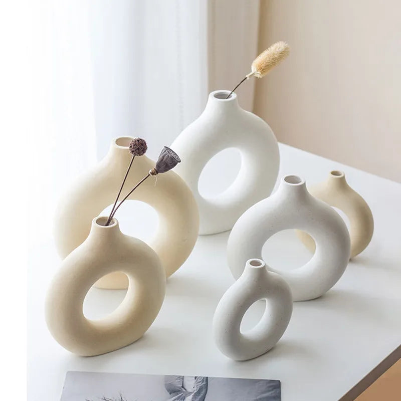 Nordic Ceramic Donut Vase - Beige & White - available in Beige or White, Small, Medium, or Large | Moderish Home