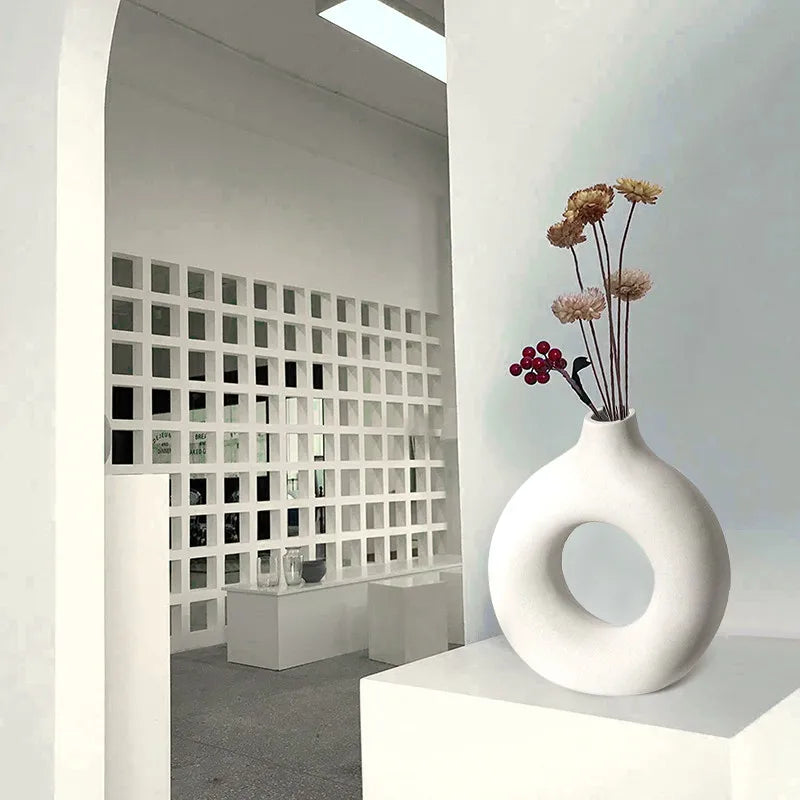 Nordic Ceramic Donut Vase - Beige & White - distinctive donut silhouette as a shelf conversation-starter | Moderish Home