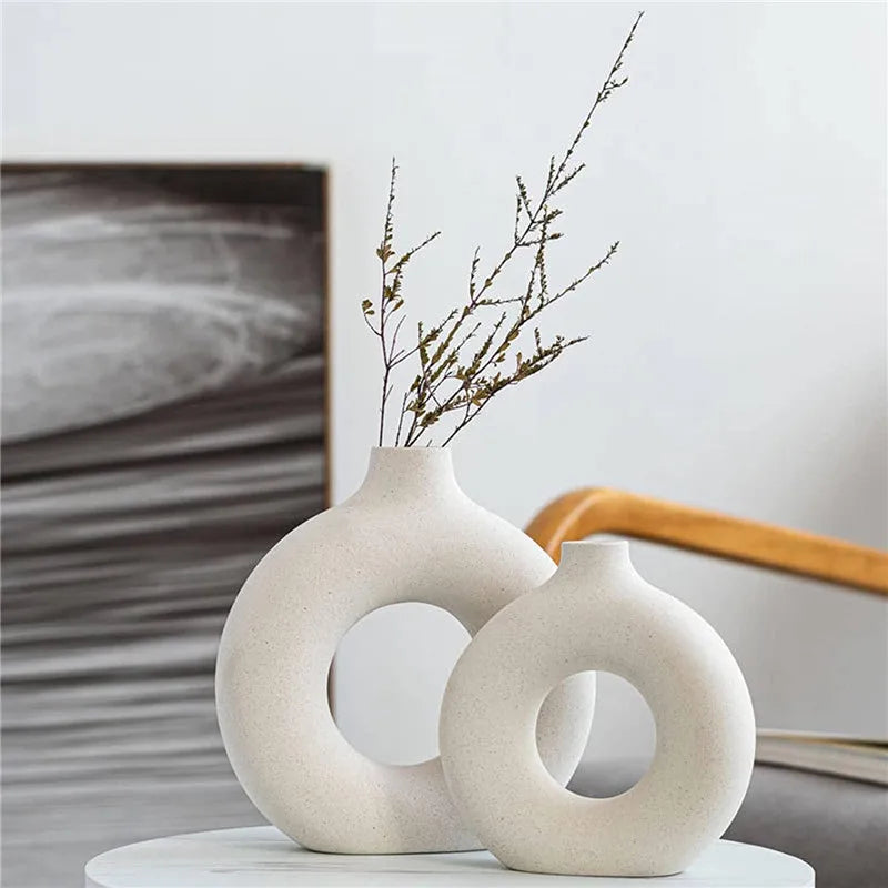 Nordic Ceramic Donut Vase - Beige & White - distinctive donut silhouette as a shelf conversation-starter | Moderish Home