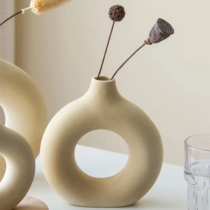 Nordic Ceramic Donut Vase - Beige & White - handcrafted ceramic with a smooth matte finish | Moderish Home