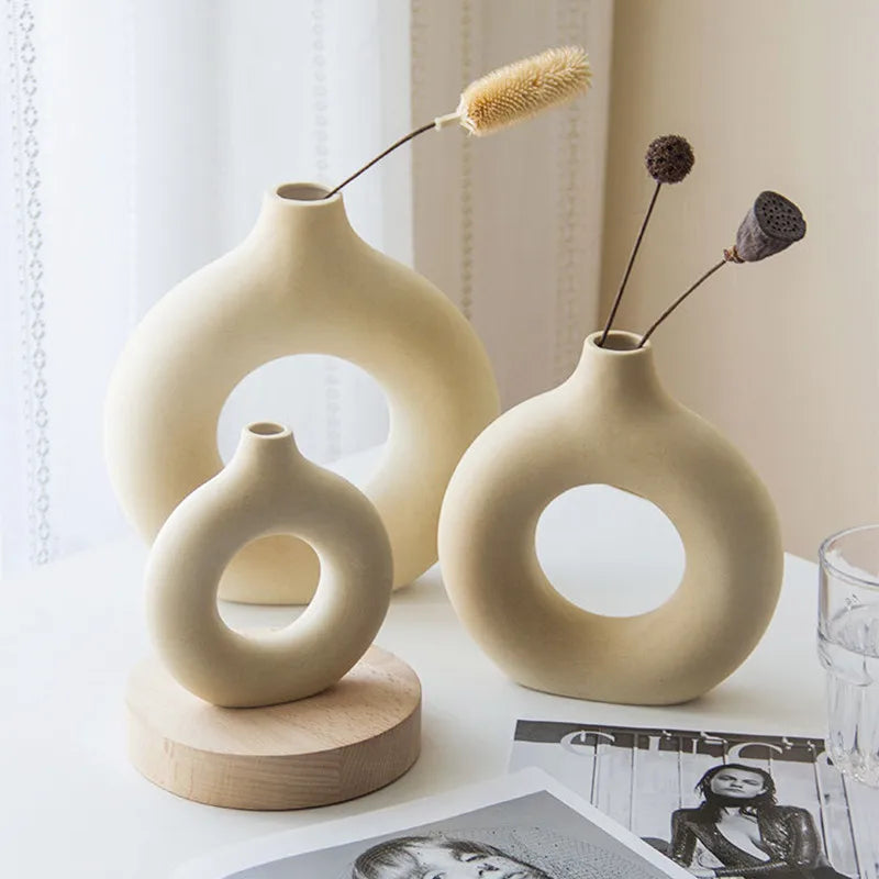 Nordic Ceramic Donut Vase - Beige & White - perfect for dried stems or displayed empty | Moderish Home