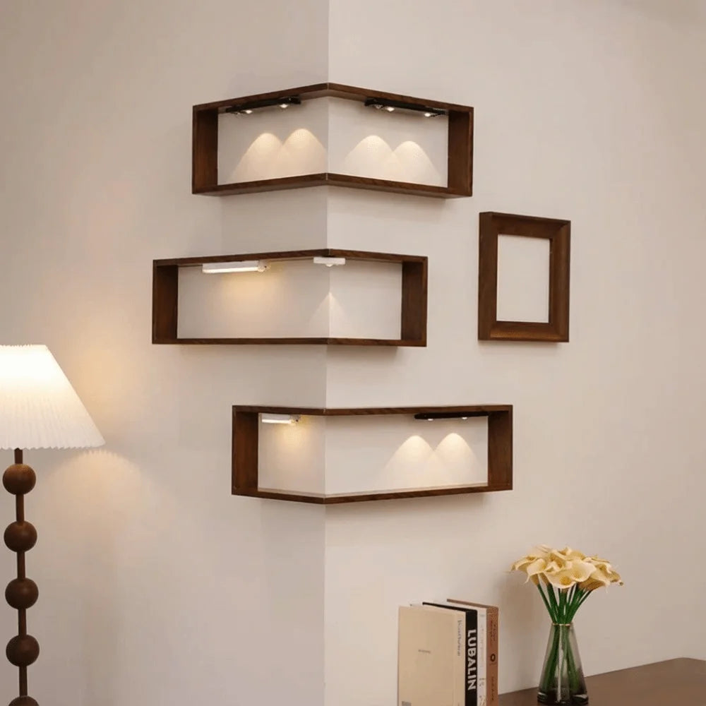 Corner Floating Wall Shelf - Space Saving Wood Display - wall-mounted floating design that saves floor space | Moderish Home