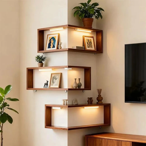 Corner Floating Wall Shelf - Space Saving Wood Display - natural wood and bamboo finish for minimalist interiors | Moderish Home