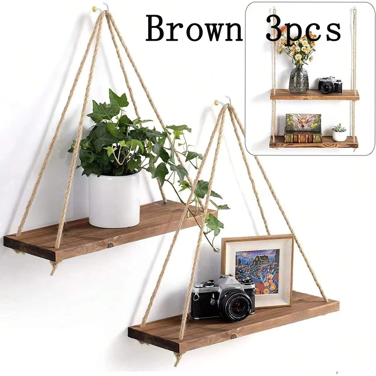Hanging Wood Swing Shelf with Hemp Rope