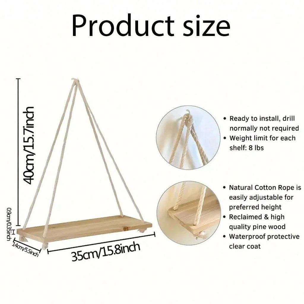 Hanging Wood Swing Shelf with Hemp Rope - natural wood and hemp rope for boho and Nordic spaces | Moderish Home