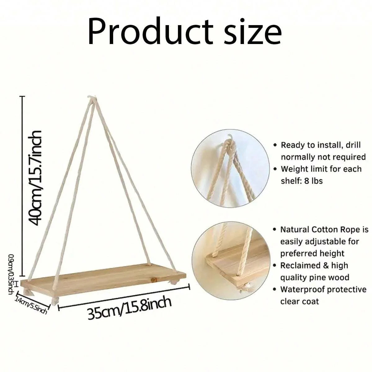 Hanging Wood Swing Shelf with Hemp Rope - natural wood and hemp rope for boho and Nordic spaces | Moderish Home