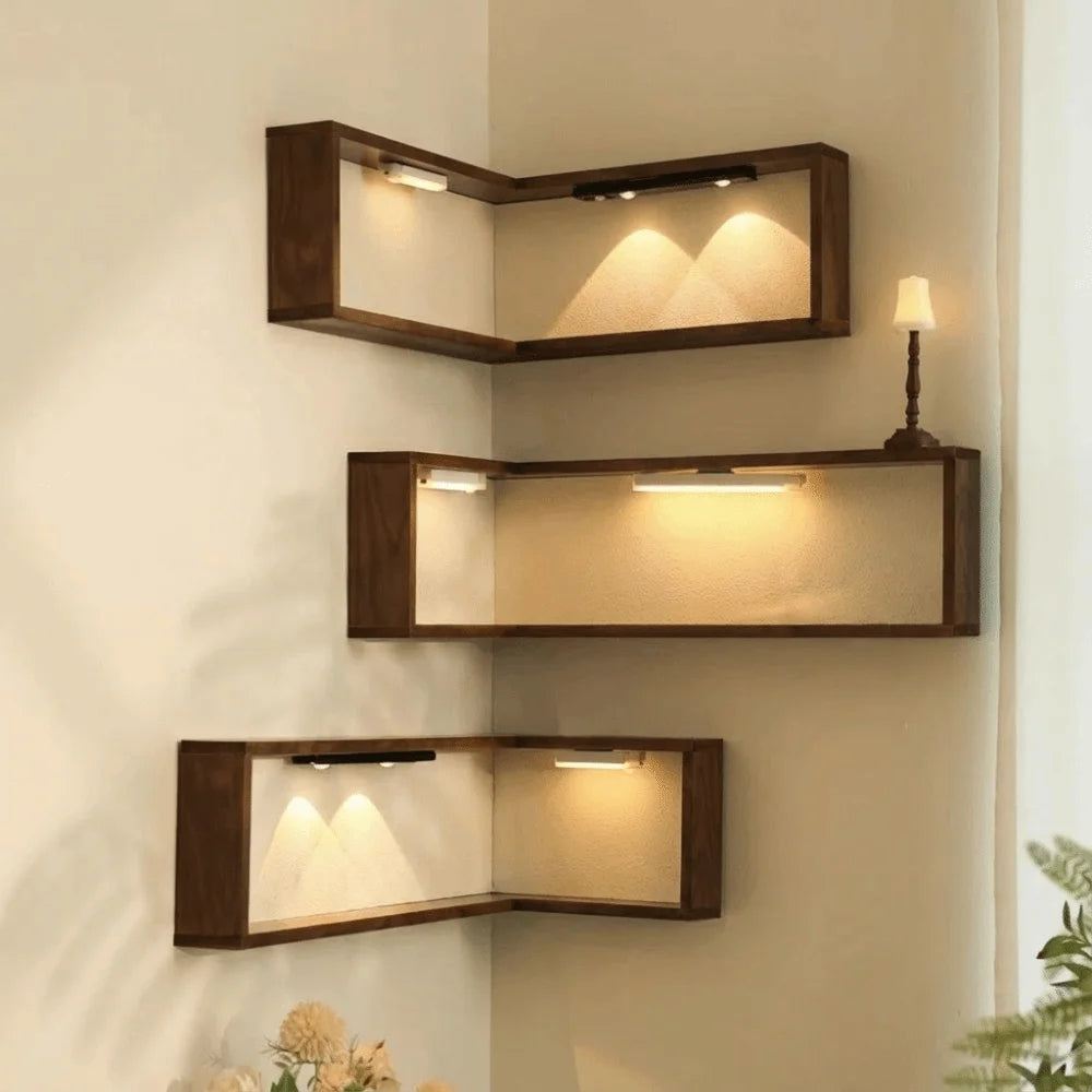 Corner Floating Wall Shelf - Space Saving Wood Display - fits neatly into any corner, great for small spaces | Moderish Home