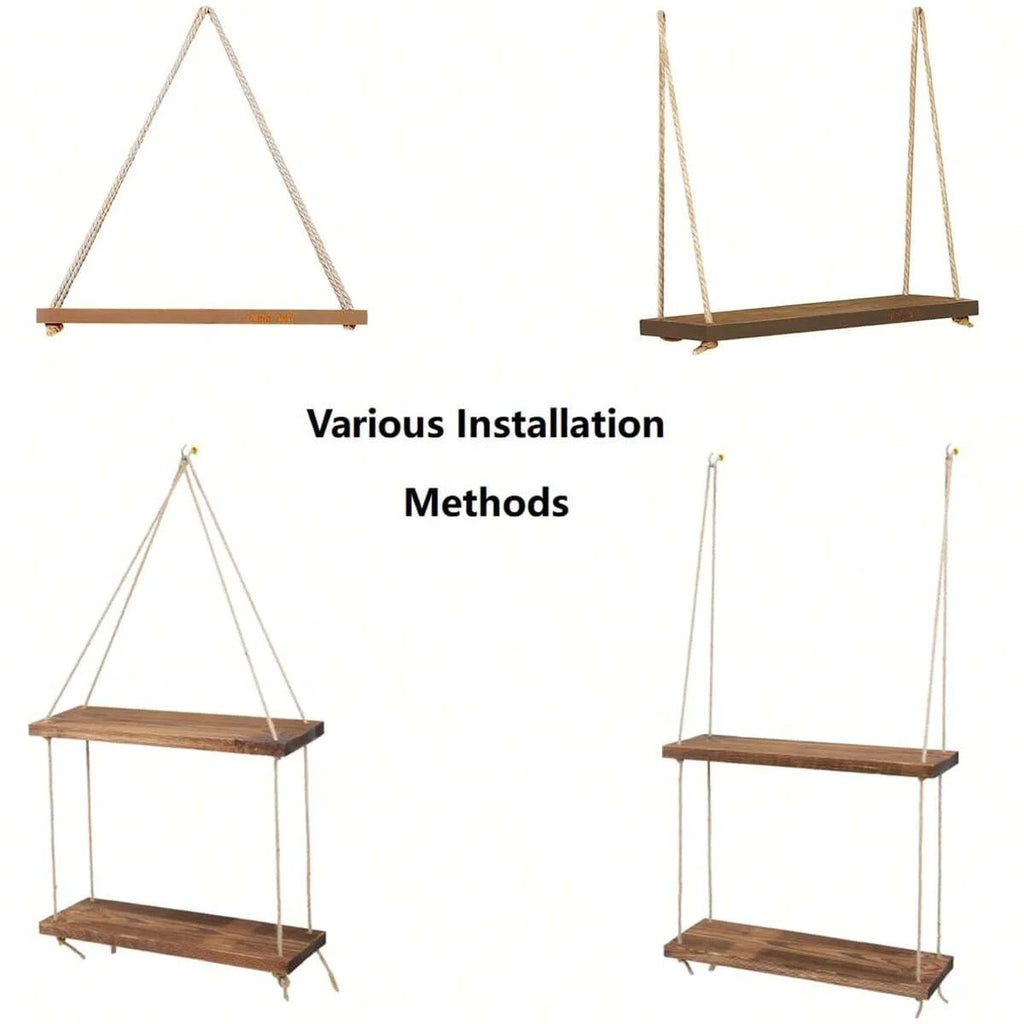Hanging Wood Swing Shelf with Hemp Rope - a sweet swing-style silhouette that adds warmth | Moderish Home