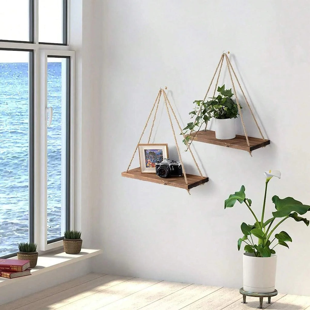 Hanging Wood Swing Shelf with Hemp Rope - perfect for plants, flower pots, or small decor pieces | Moderish Home