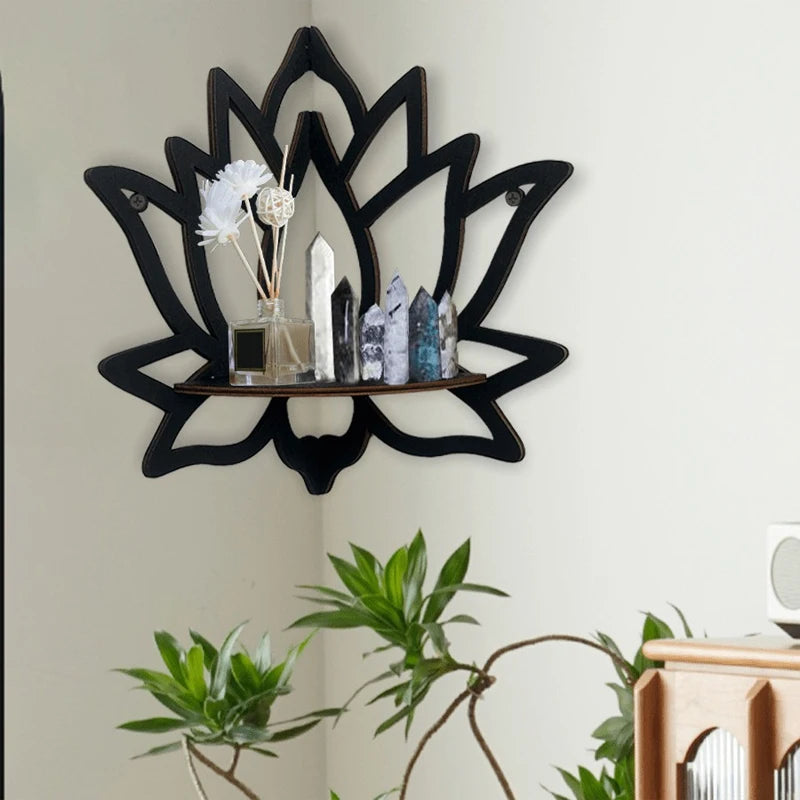 Wooden Lotus Wall Shelf & Candle Holder - holds candles, essential oil bottles, or a small plant | Moderish Home