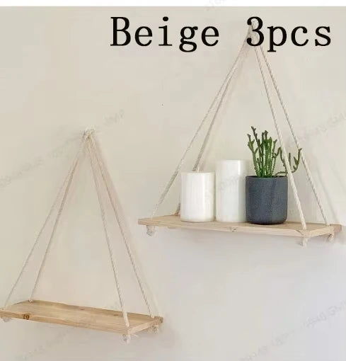 Hanging Wood Swing Shelf with Hemp Rope