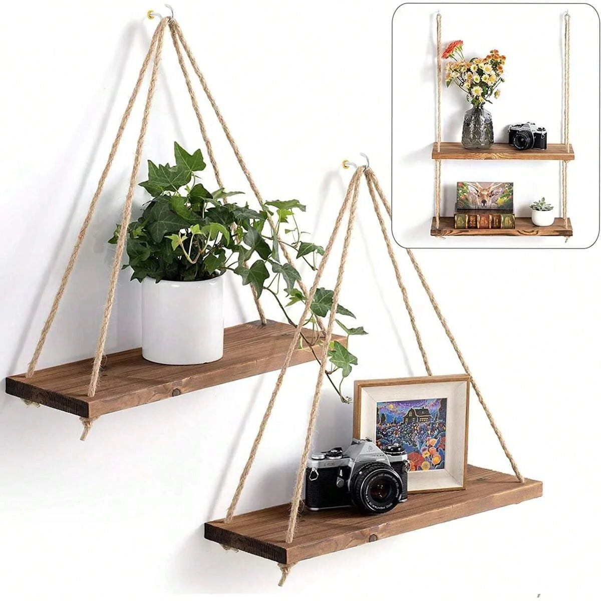Hanging Wood Swing Shelf with Hemp Rope - a sweet swing-style silhouette that adds warmth | Moderish Home