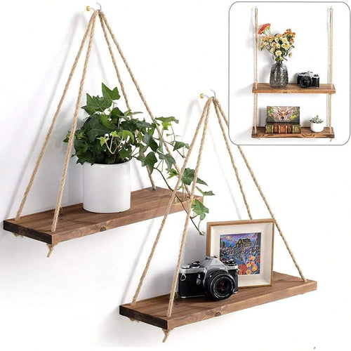 Hanging Wood Swing Shelf with Hemp Rope - a sweet swing-style silhouette that adds warmth | Moderish Home